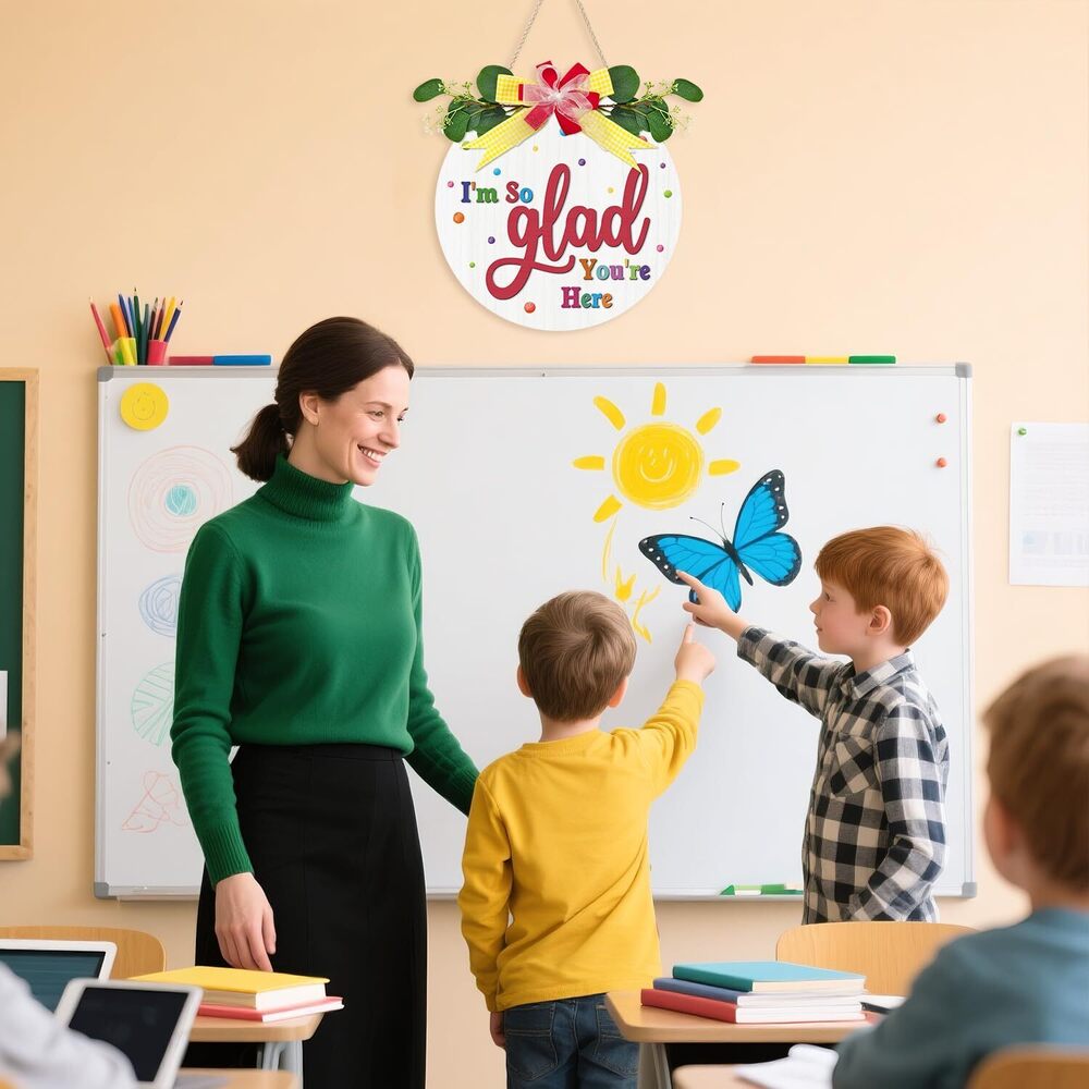 4709 Colorful 3D I'm So Glad You're Here Door Sign12"x12", Wooden Classroom - Picture 6 of 7